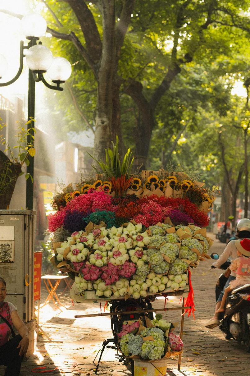 A flower seller’s bicycle in the Old Quarter of Hanoi